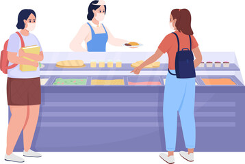 Wall Mural - Students buy food in school semi flat color raster characters. Interacting figures. Full body people on white. Lunch isolated modern cartoon style illustration for graphic design and animation