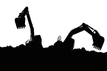 Excavators silhouette are digging the soil in the construction site  on the  white background