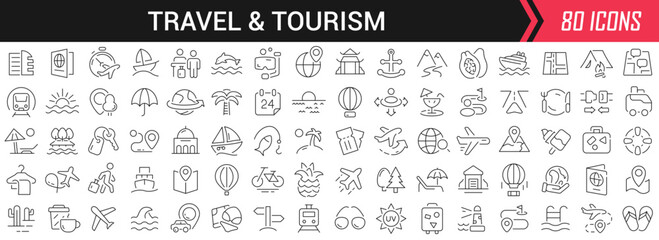 Poster - Travel and tourism linear icons in black. Big UI icons collection in a flat design. Thin outline signs pack. Big set of icons for design