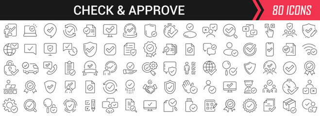 Aufkleber - Check and approve linear icons in black. Big UI icons collection in a flat design. Thin outline signs pack. Big set of icons for design