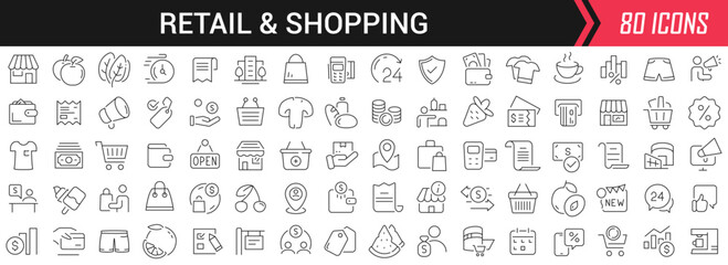 Aufkleber - Retail and shopping linear icons in black. Big UI icons collection in a flat design. Thin outline signs pack. Big set of icons for design