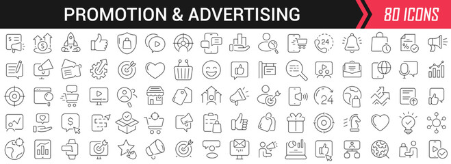 Aufkleber - Promotion and advertising linear icons in black. Big UI icons collection in a flat design. Thin outline signs pack. Big set of icons for design
