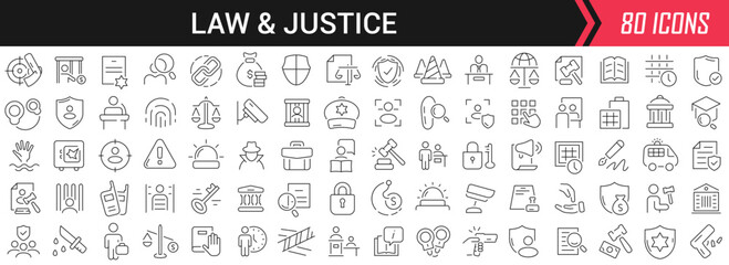 Aufkleber - Law and justice linear icons in black. Big UI icons collection in a flat design. Thin outline signs pack. Big set of icons for design
