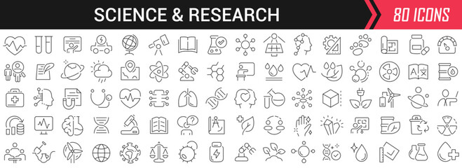 Poster - Science and research linear icons in black. Big UI icons collection in a flat design. Thin outline signs pack. Big set of icons for design