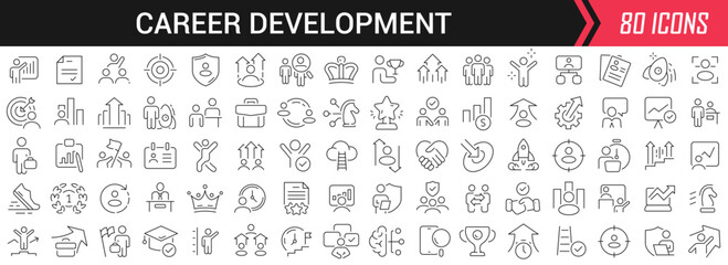 Poster - Career development linear icons in black. Big UI icons collection in a flat design. Thin outline signs pack. Big set of icons for design
