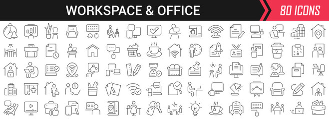 Leinwandbilder - Workspace and office linear icons in black. Big UI icons collection in a flat design. Thin outline signs pack. Big set of icons for design