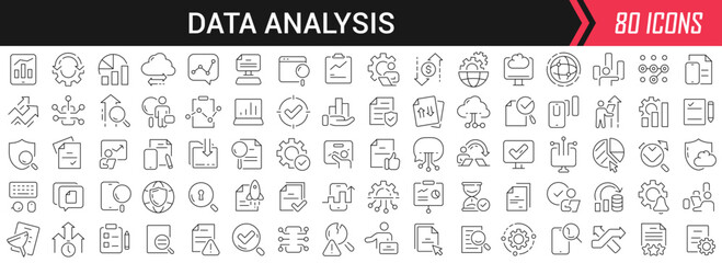 Fototapete - Data analysis linear icons in black. Big UI icons collection in a flat design. Thin outline signs pack. Big set of icons for design