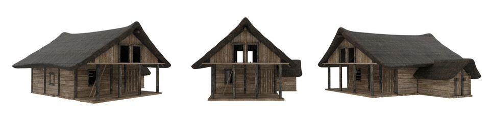 Poster - 3D rendering of an old medieval wooden building seen from 3 angles isolated.