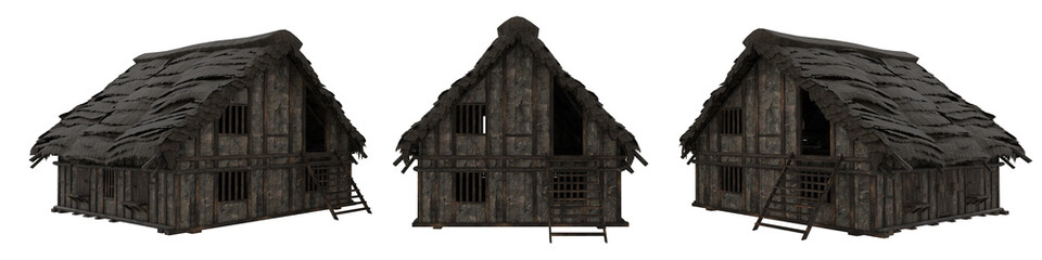 Poster - Medieval wooden house or barn. 3 views 3d illustration isolated.