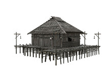 Corner Perspective View Of Old Wooden Swamp House Built On Stilts Over Water. 3d Illustration Isolated.