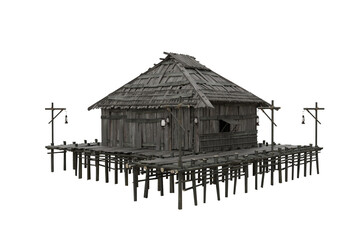Poster - Corner perspective view of old wooden swamp house built on stilts over water. 3d illustration isolated.