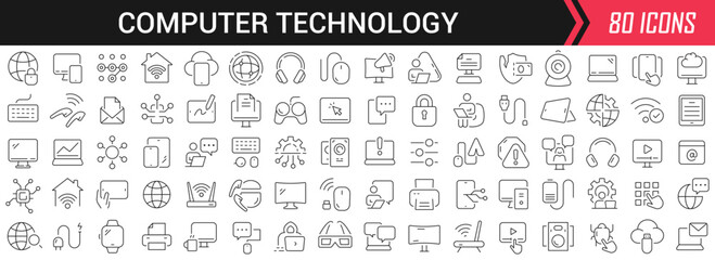 Leinwandbilder - Computer technology linear icons in black. Big UI icons collection in a flat design. Thin outline signs pack. Big set of icons for design