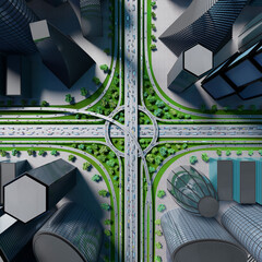 Wall Mural - Highway intersection/ road interchange in the city with heavy traffic - 3D illustration