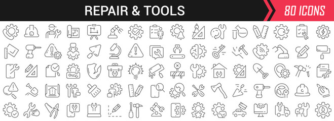 Poster - Repair and tools linear icons in black. Big UI icons collection in a flat design. Thin outline signs pack. Big set of icons for design