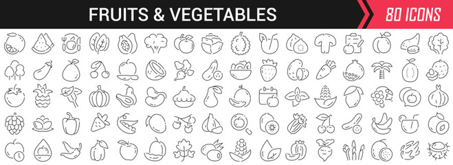 Poster - Fruits and vegetables linear icons in black. Big UI icons collection in a flat design. Thin outline signs pack. Big set of icons for design