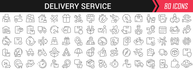 Aufkleber - Delivery service linear icons in black. Big UI icons collection in a flat design. Thin outline signs pack. Big set of icons for design