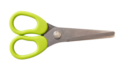 Wall Mural - School scissors closed, green handle isolated, transparent background, PNG. 
