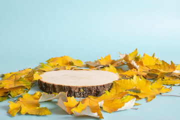 Canvas Print - Autumn podium made of natural wood and autumn yellow leaves.