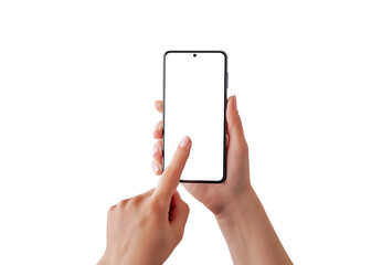 Fototapete - Isolated smartphone and display in woman hands. Finger touch screen of smart PNG transparent