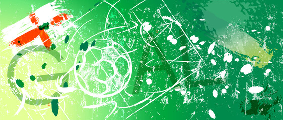 Sticker - soccer or football illustration for the great soccer event with soccer ball, english flag, soccer field, grungy style