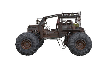 Poster - Fantasy post apocalyptic off road car with monster truck wheels viewed form side. 3D rendering isolated.