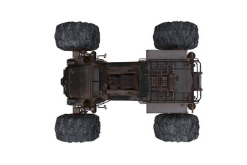 Poster - Overhead view of black futuristic post apocalyptic off road car with monster wheels. 3d Rendering isolated.