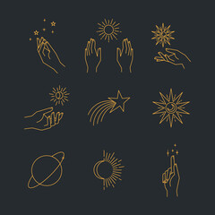 Wall Mural - aesthetic hands and cosmic and celestial elements. universal cosmos related icons. linear vector ill