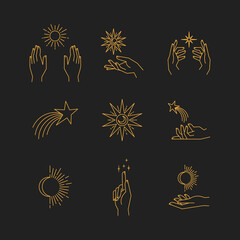 Wall Mural - aesthetic hands and cosmic and celestial elements. universal cosmos related icons. linear vector ill