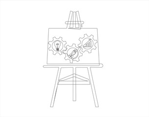 Poster - Continuous line drawing of Easel on which a lights bulb, rocket launch, ship and graph going up inside gears. Continuous line drawing. Startup business. Vector illustration. 