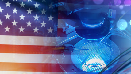 Poster - High-tech industry in USA. Microprocessor production in United state of America. Microchips made in USA. Testing on PCB chips. US flag before PCB production. USA PCB production is automated. 3d image