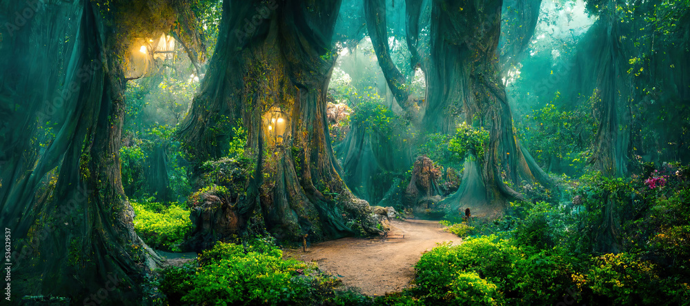 A beautiful fairytale enchanted forest with big trees and great ...