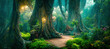 canvas print picture - A beautiful fairytale enchanted forest with big trees and great vegetation. Digital painting background