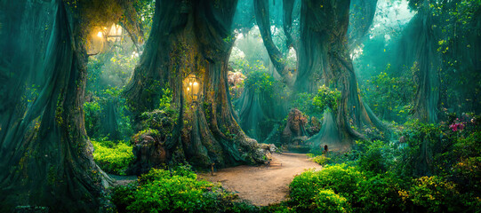 a beautiful fairytale enchanted forest with big trees and great vegetation. digital painting backgro