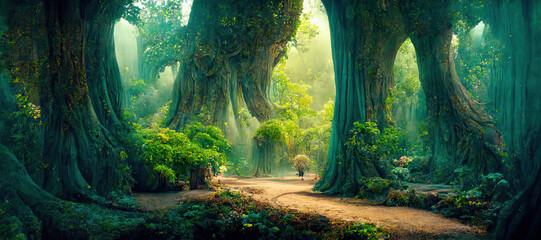 Wall Mural - a beautiful fairytale enchanted forest with big trees and great vegetation. digital painting backgro