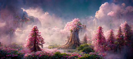 A beautiful pink enchanted forest with big fairytale trees and great vegetation. Digital painting background