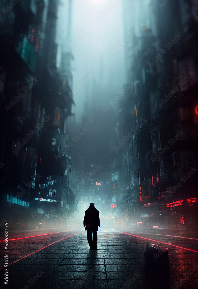 Man walking in a cyberpunk city at night. Digital painting of a ...