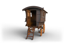 Vintage Wooden Romany Gypsy Caravan Parked With Open Door. 3D Render Isolated.