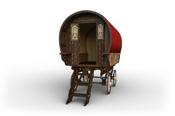 Poster - Traditional Romany gypsy caravan with red roof parked with open door. 3D illustration isolated on a white.