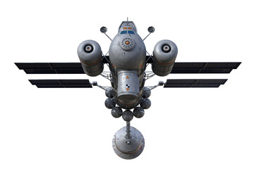 Poster - Looking up at the front of a futuristic science fiction space craft. 3D illustration isolated.