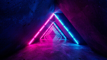 Poster - Neon Purple Blue Laser Lines Sci Fi Futuristic Concrete Cement Reflective Showroom Stage Podium Fashion Tunnel Corridor Hallway Garage Show Underground 3D Rendering