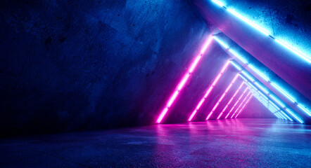 Poster - Triangle dark tunnel, with illumination of blue and red light. Dark, long corridor, neon light, rays. Abstraction night view. 3D illustration.