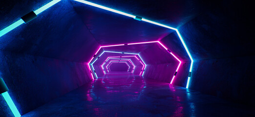 Poster - Neon Sci Fi Futuristic Alien Spaceship Modern Vibrant Purple Blue Glowing Laser Beams Hallway Corridor Retro Dark Empty Podium Club Party. 3D Rendering