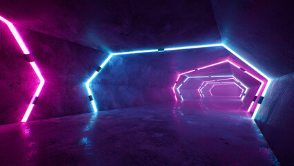 Poster - Sci Fi Alien Cyber Tron Neon Purple Blue Glowing Command Room With Cement Concrete Grunge Floor Spaceship 3D Rendering Illustration