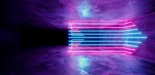 Poster - 3d render, abstract background, empty room, night club stage, neon lights, virtual reality environment, grid, ultraviolet spectrum, laser show, glowing lines