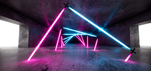 Poster - Sci-fi neon lamps in a dark tunnel. Reflections on the floor and walls. Empty background in the center. 3d rendering image.