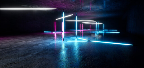 Poster - Sci-Fi neon glowing lamps in a dark corridor. Reflections on the floor and walls. Empty background in the center. 3d rendering image. Technology futuristic background.