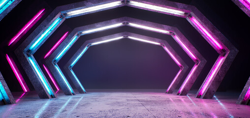 Poster - 3d render, blue pink violet neon abstract background, ultraviolet light, night club empty room interior, tunnel or corridor, glowing panels, fashion podium, performance stage decorations