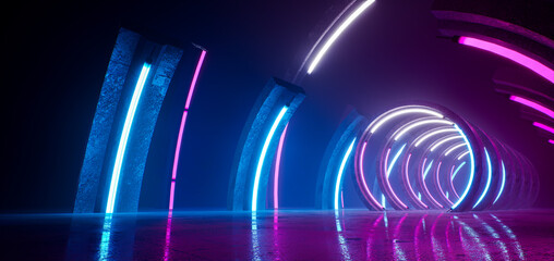 Poster - Sci-Fi neon glowing lamps in a dark corridor. Reflections on the floor and walls. Empty background in the center. 3d rendering image. Technology futuristic background.