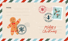 Christmas Envelope With Stamps, Seals, Gingerbread Man And Inscriptions Merry Christmas.