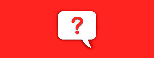 Fototapete - Red question mark on a white message board. Emergency signal. Question notification. Message on a red background. Horizontal image. Banner for insertion into site. 3D image. 3D rendering.